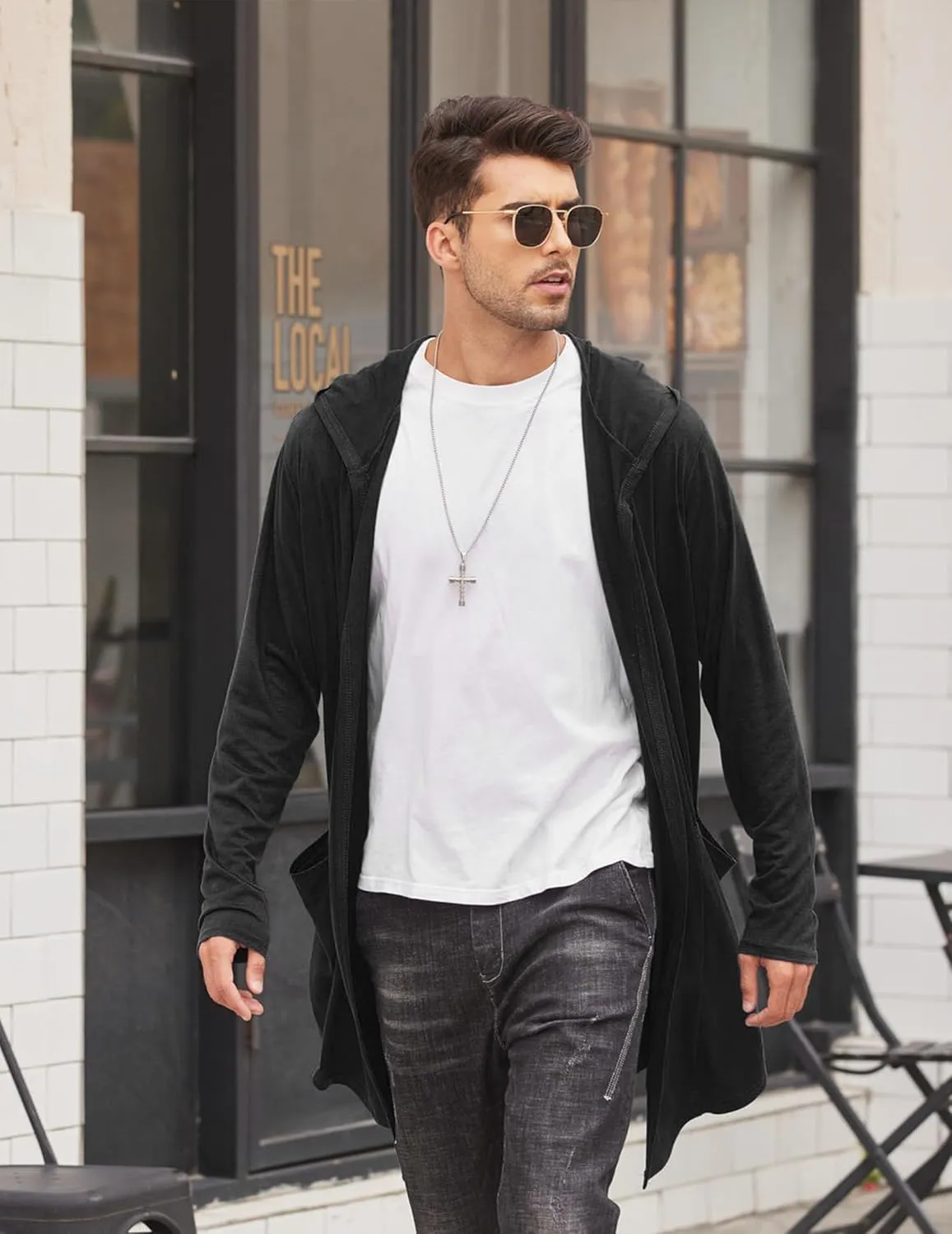 COOFANDY Men's Long Hooded Cardigan Shawl Collar Lightweight Open Front Drape Cape Overcoat with Pockets