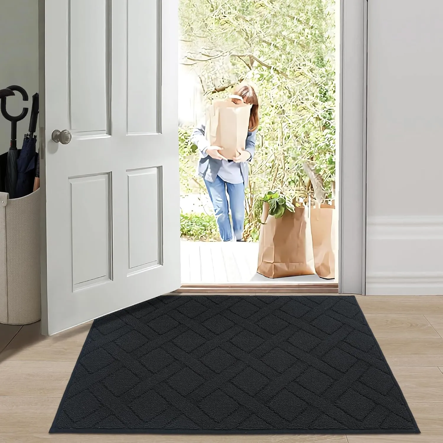 COSY HOMEER Door Mat Indoor Entrance, Non-Slip Absorbent Doormat for Front Door, Low-Profile Entryway Mat for Muddy Paws, Washable Dirt Trapper Mats (24"x36", Black)