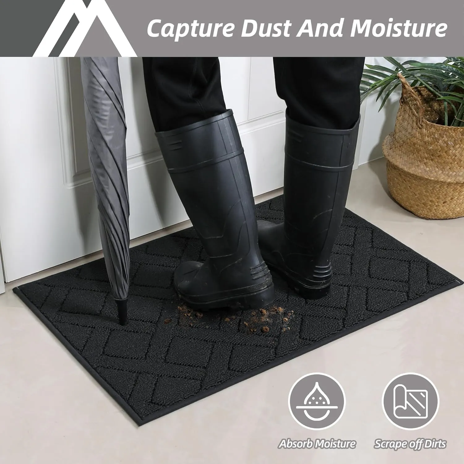 COSY HOMEER Door Mat Indoor Entrance, Non-Slip Absorbent Doormat for Front Door, Low-Profile Entryway Mat for Muddy Paws, Washable Dirt Trapper Mats (24"x36", Black)