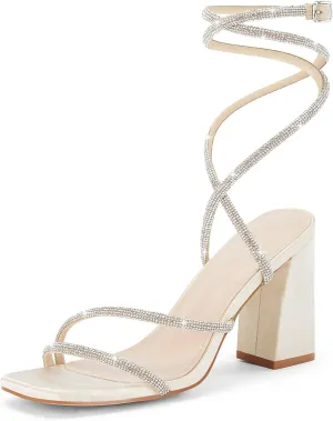 Coutgo Womens Lace Up Chunky Heels Rhinestone Sandals Square Open Toe High Block Heeled Wedding Dress Shoes