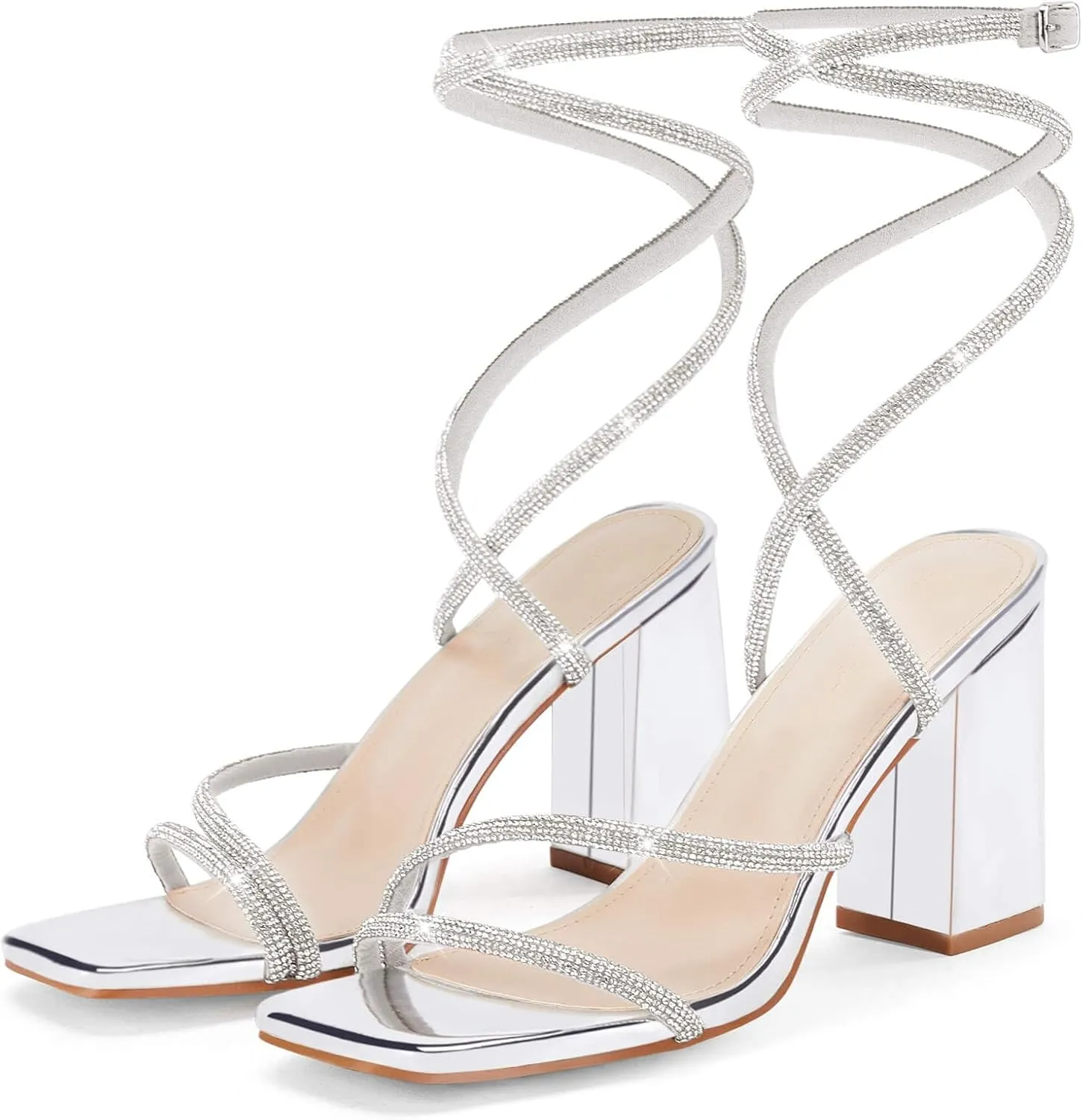 Coutgo Womens Lace Up Chunky Heels Rhinestone Sandals Square Open Toe High Block Heeled Wedding Dress Shoes