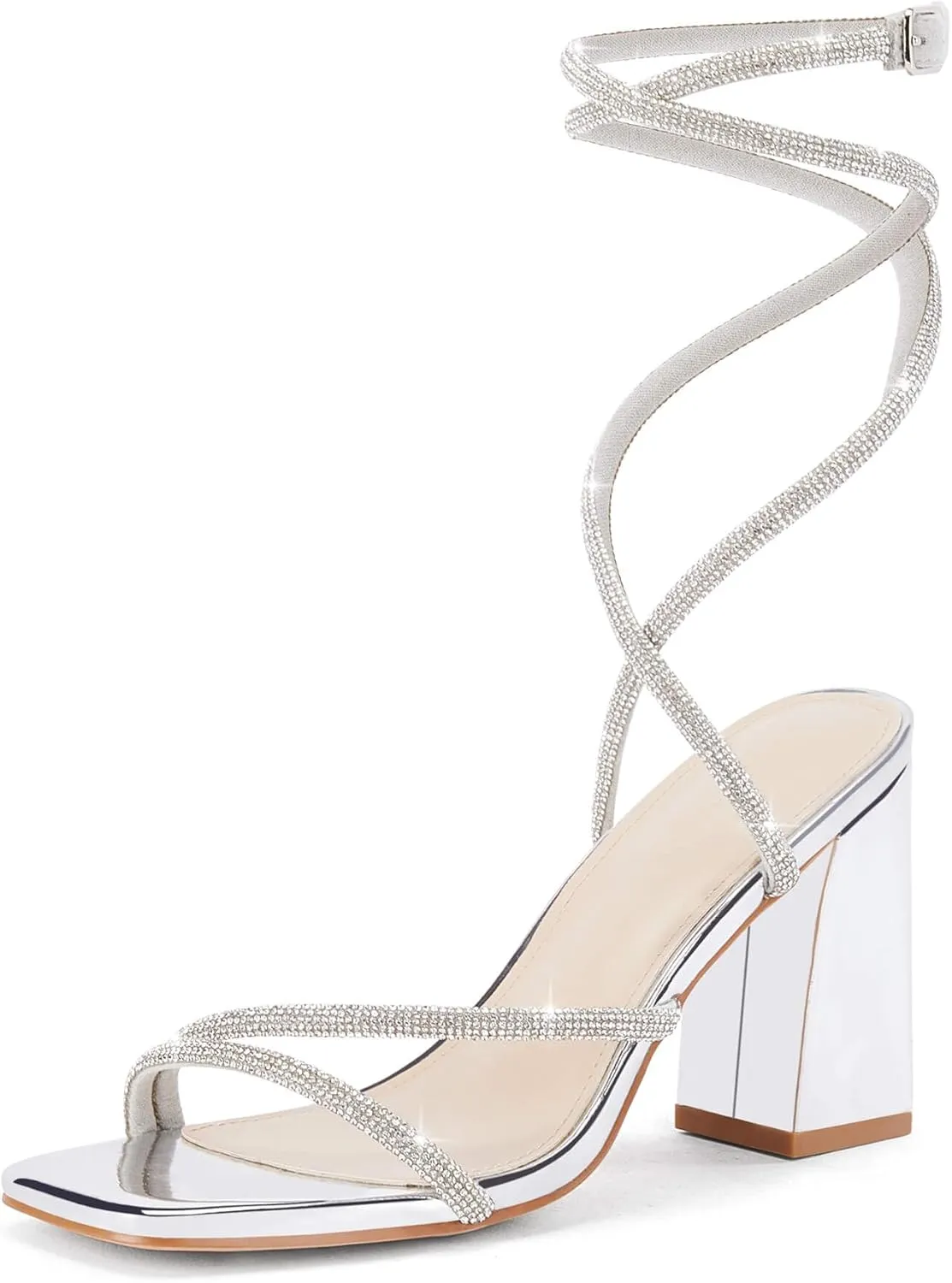 Coutgo Womens Lace Up Chunky Heels Rhinestone Sandals Square Open Toe High Block Heeled Wedding Dress Shoes
