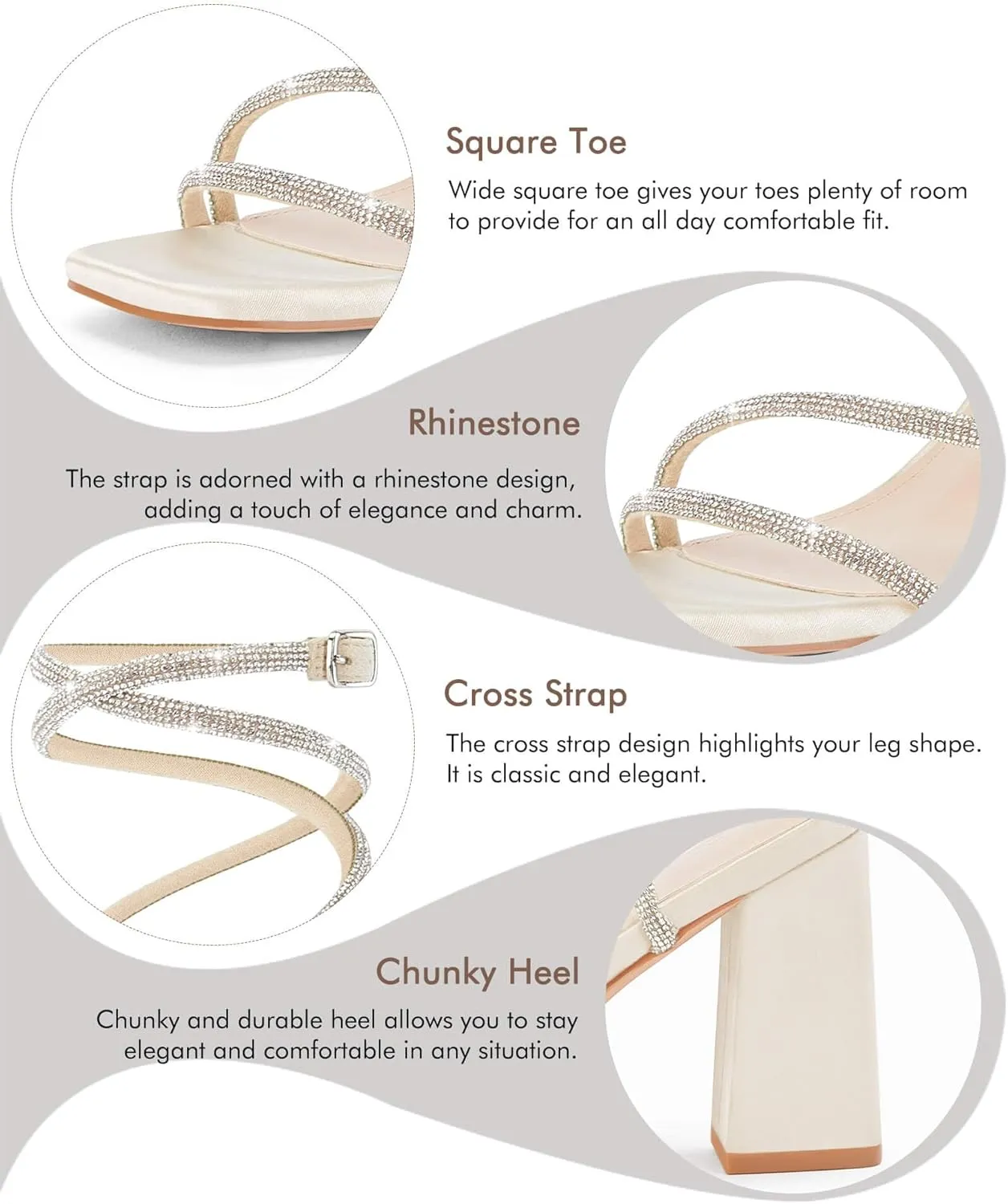 Coutgo Womens Lace Up Chunky Heels Rhinestone Sandals Square Open Toe High Block Heeled Wedding Dress Shoes