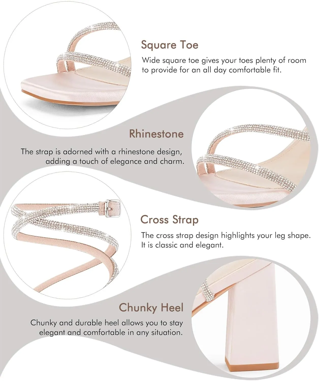 Coutgo Womens Lace Up Chunky Heels Rhinestone Sandals Square Open Toe High Block Heeled Wedding Dress Shoes