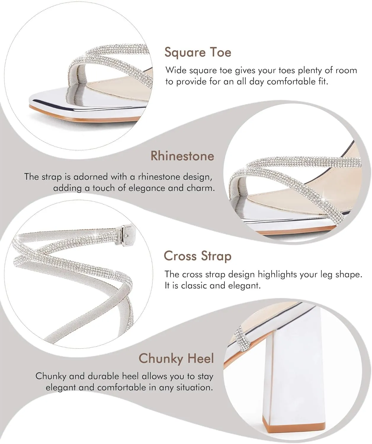 Coutgo Womens Lace Up Chunky Heels Rhinestone Sandals Square Open Toe High Block Heeled Wedding Dress Shoes