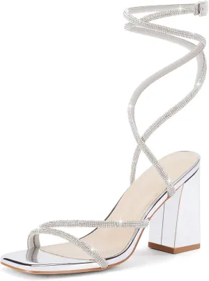 Coutgo Womens Lace Up Chunky Heels Rhinestone Sandals Square Open Toe High Block Heeled Wedding Dress Shoes