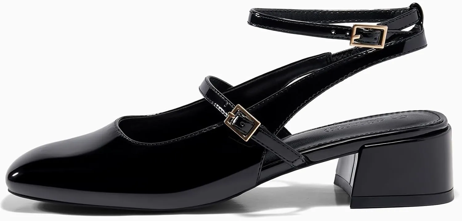 Coutgo Womens Mary Jane Chunky Low Heels Closed Square Toe Ankle Strap Pumps Wedding Party Dress Shoes