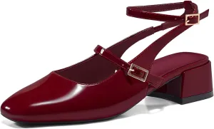 Coutgo Womens Mary Jane Chunky Low Heels Closed Square Toe Ankle Strap Pumps Wedding Party Dress Shoes