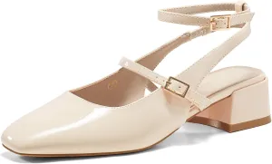 Coutgo Womens Mary Jane Chunky Low Heels Closed Square Toe Ankle Strap Pumps Wedding Party Dress Shoes