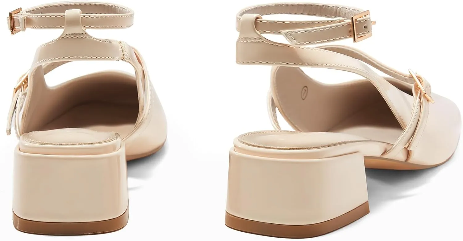 Coutgo Womens Mary Jane Chunky Low Heels Closed Square Toe Ankle Strap Pumps Wedding Party Dress Shoes