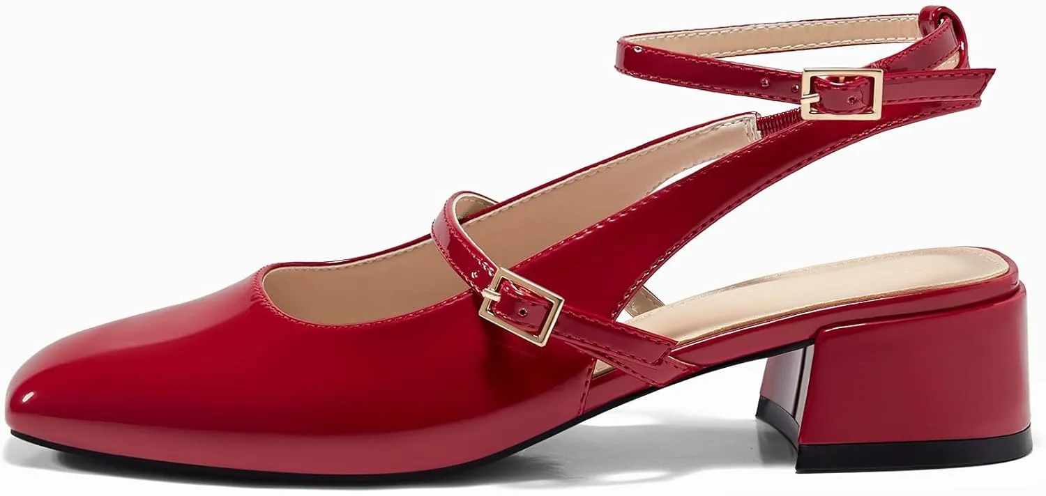 Coutgo Womens Mary Jane Chunky Low Heels Closed Square Toe Ankle Strap Pumps Wedding Party Dress Shoes