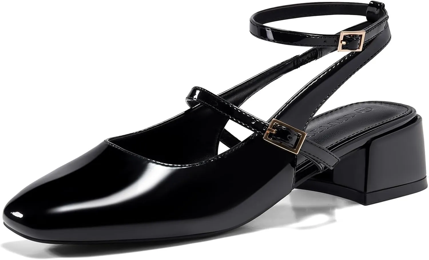 Coutgo Womens Mary Jane Chunky Low Heels Closed Square Toe Ankle Strap Pumps Wedding Party Dress Shoes