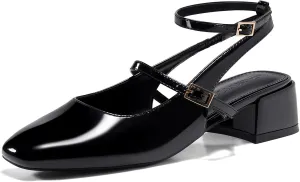 Coutgo Womens Mary Jane Chunky Low Heels Closed Square Toe Ankle Strap Pumps Wedding Party Dress Shoes