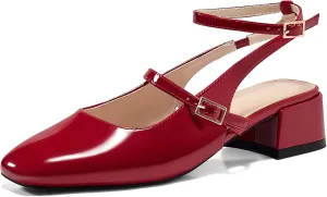 Coutgo Womens Mary Jane Chunky Low Heels Closed Square Toe Ankle Strap Pumps Wedding Party Dress Shoes