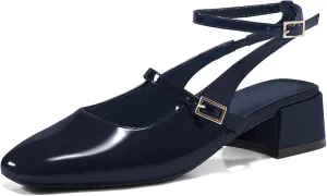 Coutgo Womens Mary Jane Chunky Low Heels Closed Square Toe Ankle Strap Pumps Wedding Party Dress Shoes