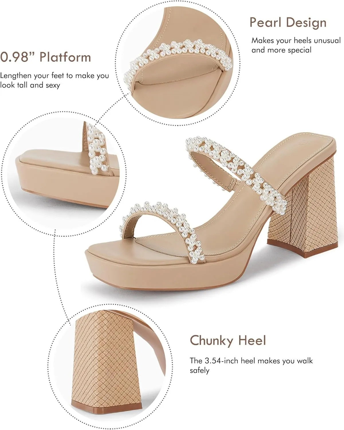 Coutgo Women's Pearl Sandals Platform Chunky High Heels Square Open Toe Strappy Slip On Slides