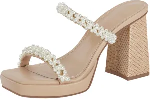 Coutgo Women's Pearl Sandals Platform Chunky High Heels Square Open Toe Strappy Slip On Slides