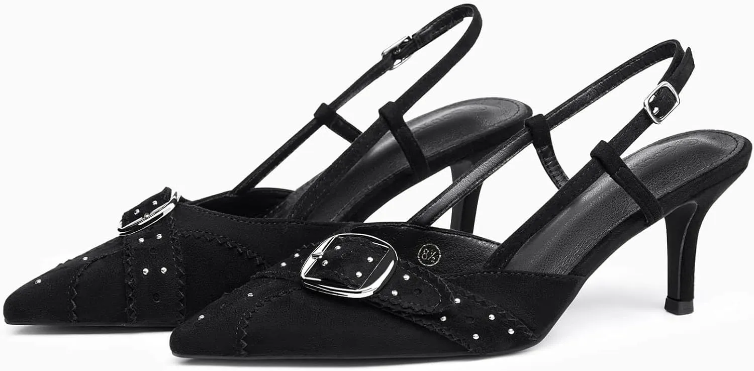 Coutgo Womens Slingback Kitten Heels Studded Closed Pointed Toe Pumps with Buckle Party Dress Shoes