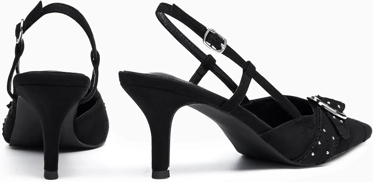 Coutgo Womens Slingback Kitten Heels Studded Closed Pointed Toe Pumps with Buckle Party Dress Shoes