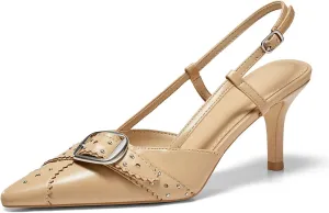 Coutgo Womens Slingback Kitten Heels Studded Closed Pointed Toe Pumps with Buckle Party Dress Shoes