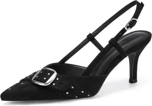 Coutgo Womens Slingback Kitten Heels Studded Closed Pointed Toe Pumps with Buckle Party Dress Shoes