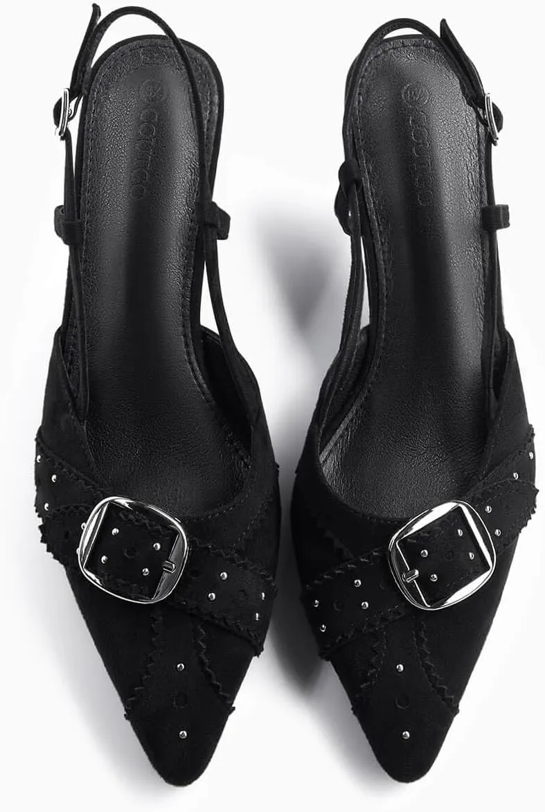 Coutgo Womens Slingback Kitten Heels Studded Closed Pointed Toe Pumps with Buckle Party Dress Shoes