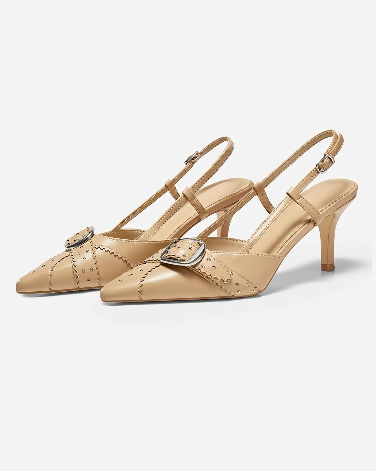 Coutgo Womens Slingback Kitten Heels Studded Closed Pointed Toe Pumps with Buckle Party Dress Shoes