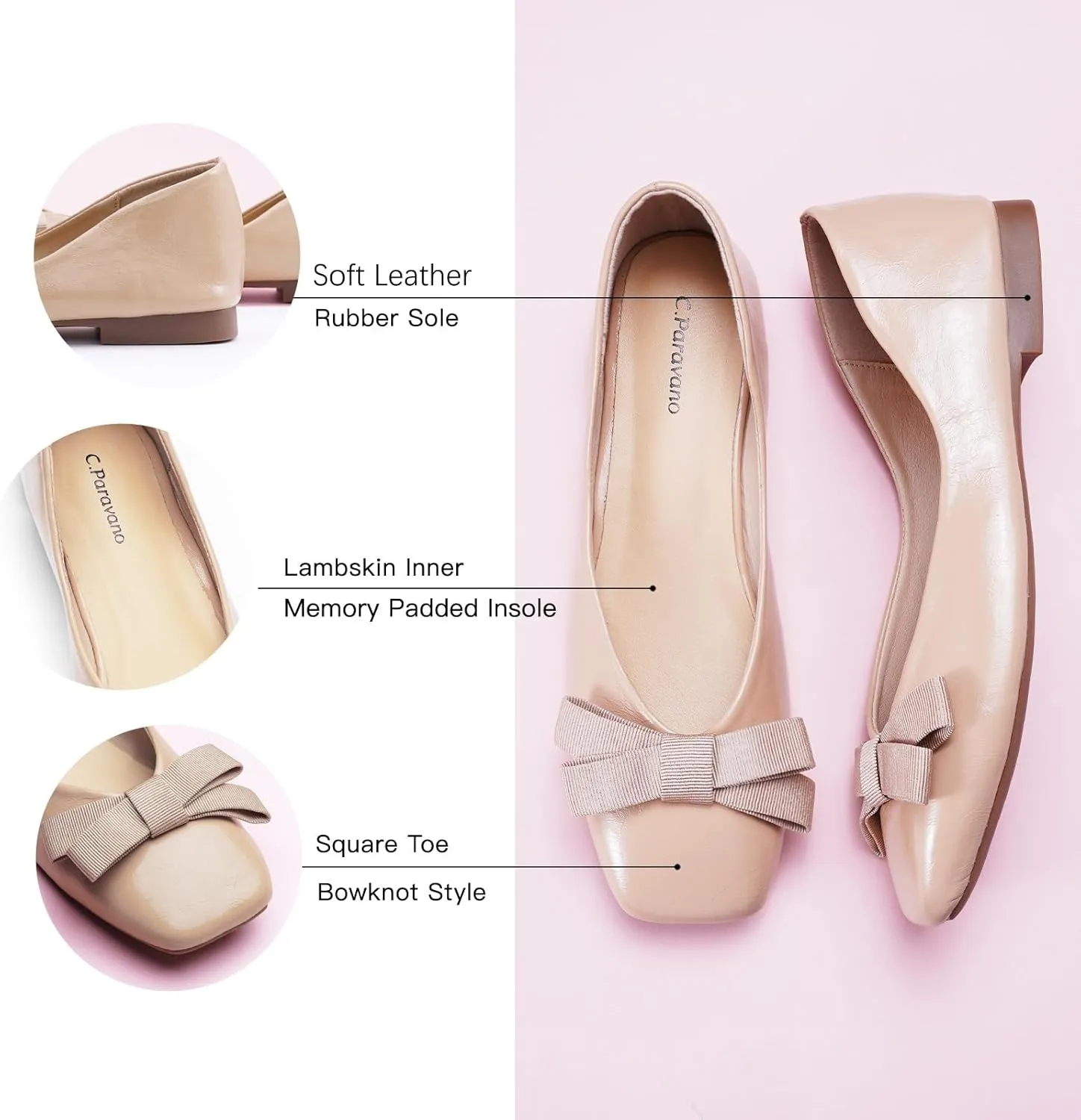 C.Paravano Women's Flats with Bowknot | Comfortable Square Toe Ballet Flats | Casual Slip On Flat Shoes | Women Dress Shoes for Walking Wedding Work Office