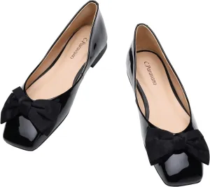 C.Paravano Women's Shoes with Bow | Casual Slip On Ballet Flats | Comfortable Square Toe Walking Shoes | Women Dressy Flats for Wedding Work Business Office