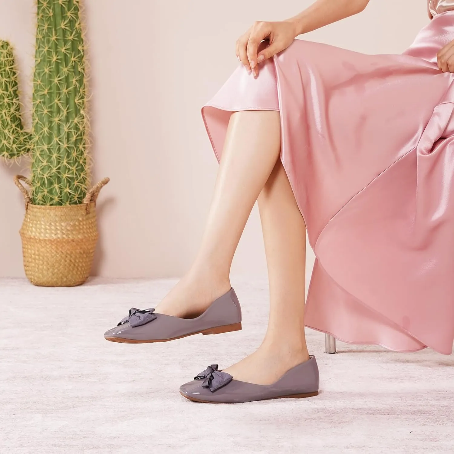 C.Paravano Women's Shoes with Bow | Casual Slip On Ballet Flats | Comfortable Square Toe Walking Shoes | Women Dressy Flats for Wedding Work Business Office
