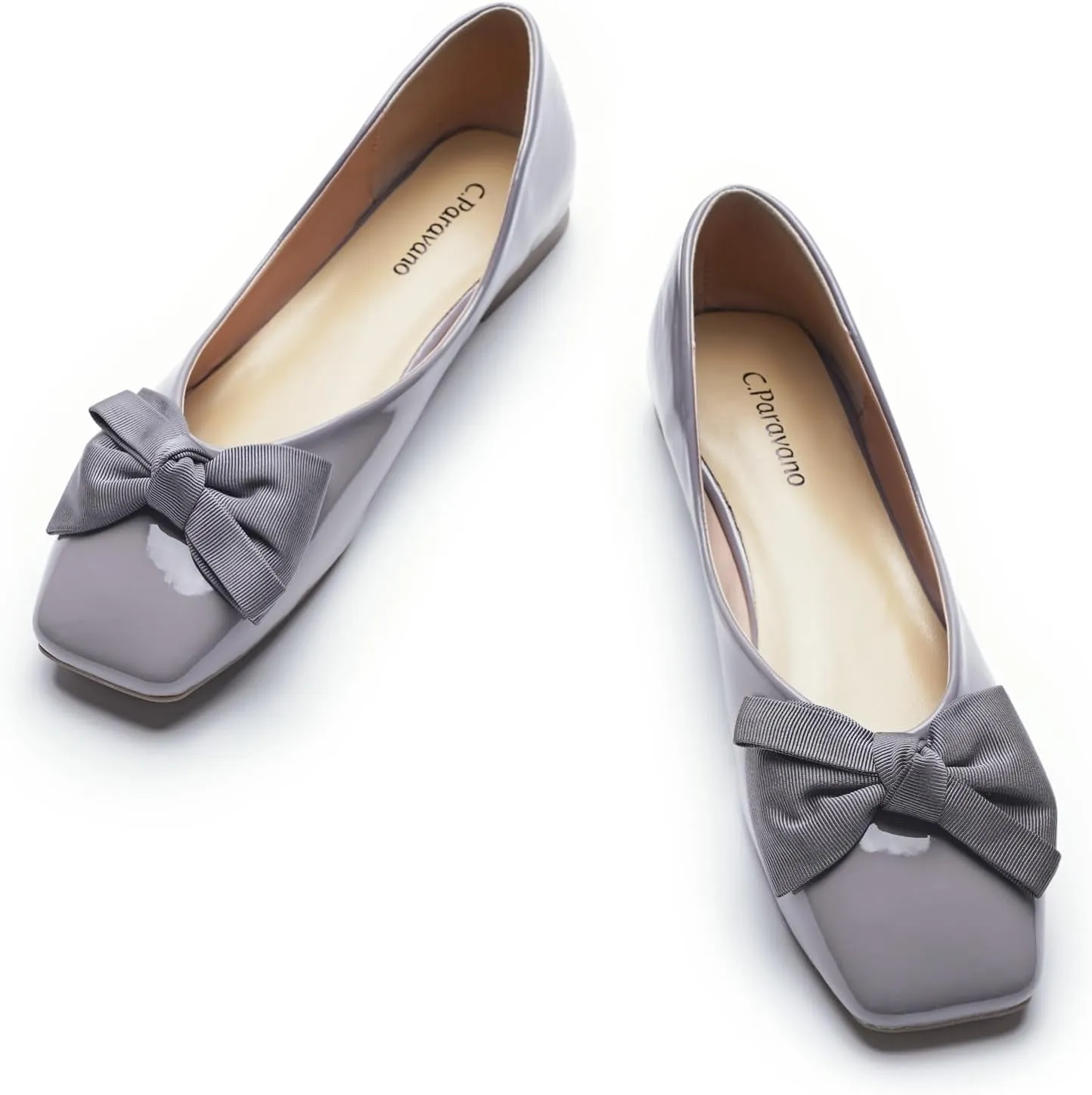 C.Paravano Women's Shoes with Bow | Casual Slip On Ballet Flats | Comfortable Square Toe Walking Shoes | Women Dressy Flats for Wedding Work Business Office