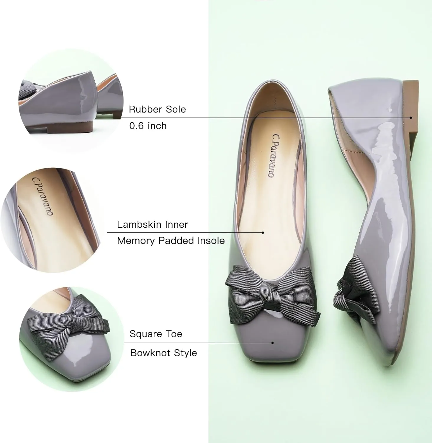 C.Paravano Women's Shoes with Bow | Casual Slip On Ballet Flats | Comfortable Square Toe Walking Shoes | Women Dressy Flats for Wedding Work Business Office