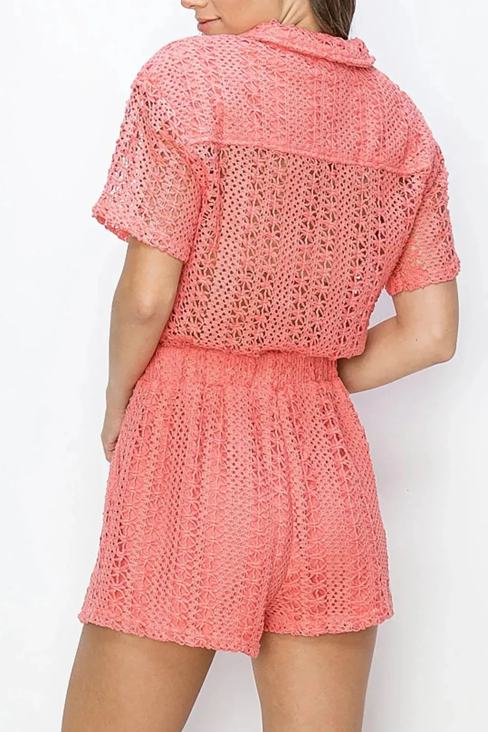 Crochet Lace Button Front Collared Neckline Utility Pockets Romper