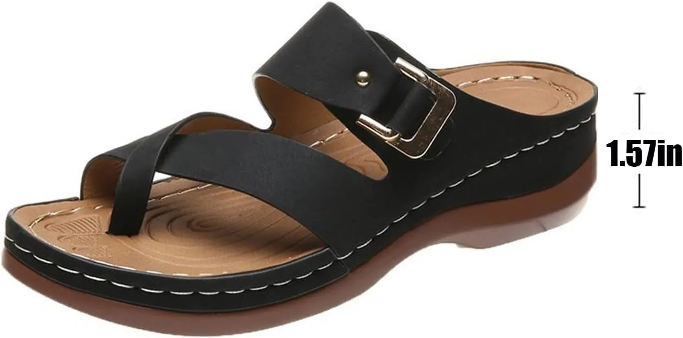 Cubicbee Women's Summer Arch Support Casual Leather Sandals Retro Comfortable Ring Toe Belt Buckle Wedge Flat Beach Sandals Walking Shoes