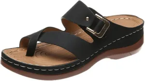 Cubicbee Women's Summer Arch Support Casual Leather Sandals Retro Comfortable Ring Toe Belt Buckle Wedge Flat Beach Sandals Walking Shoes