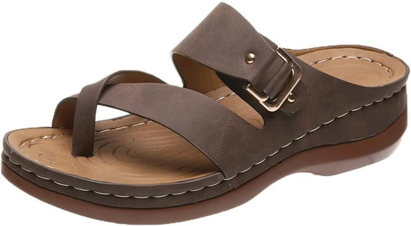 Cubicbee Women's Summer Arch Support Casual Leather Sandals Retro Comfortable Ring Toe Belt Buckle Wedge Flat Beach Sandals Walking Shoes