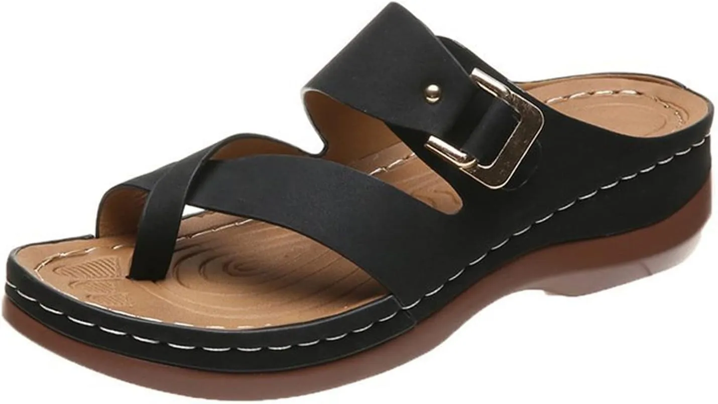 Cubicbee Women's Summer Arch Support Casual Leather Sandals Retro Comfortable Ring Toe Belt Buckle Wedge Flat Beach Sandals Walking Shoes