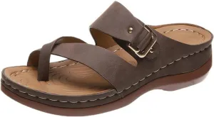 Cubicbee Women's Summer Arch Support Casual Leather Sandals Retro Comfortable Ring Toe Belt Buckle Wedge Flat Beach Sandals Walking Shoes