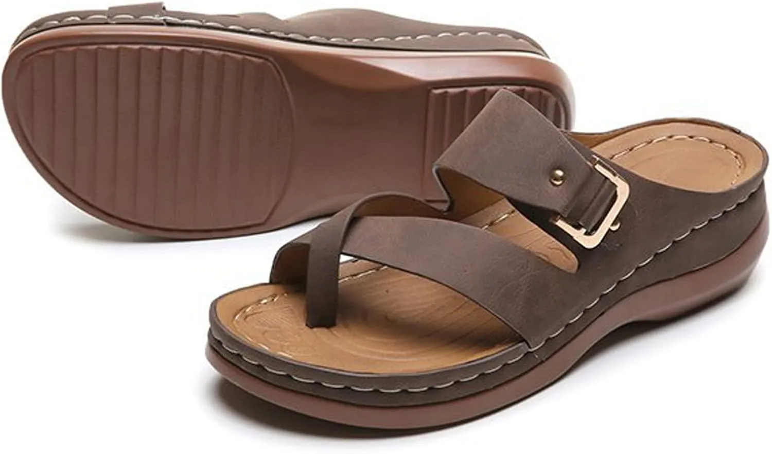 Cubicbee Women's Summer Arch Support Casual Leather Sandals Retro Comfortable Ring Toe Belt Buckle Wedge Flat Beach Sandals Walking Shoes