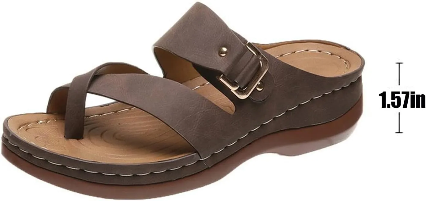 Cubicbee Women's Summer Arch Support Casual Leather Sandals Retro Comfortable Ring Toe Belt Buckle Wedge Flat Beach Sandals Walking Shoes