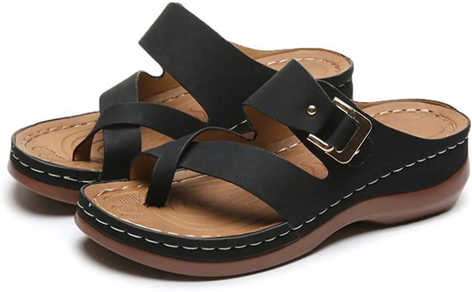 Cubicbee Women's Summer Arch Support Casual Leather Sandals Retro Comfortable Ring Toe Belt Buckle Wedge Flat Beach Sandals Walking Shoes