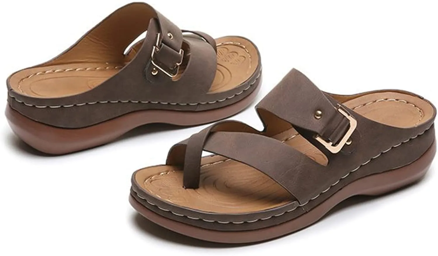 Cubicbee Women's Summer Arch Support Casual Leather Sandals Retro Comfortable Ring Toe Belt Buckle Wedge Flat Beach Sandals Walking Shoes