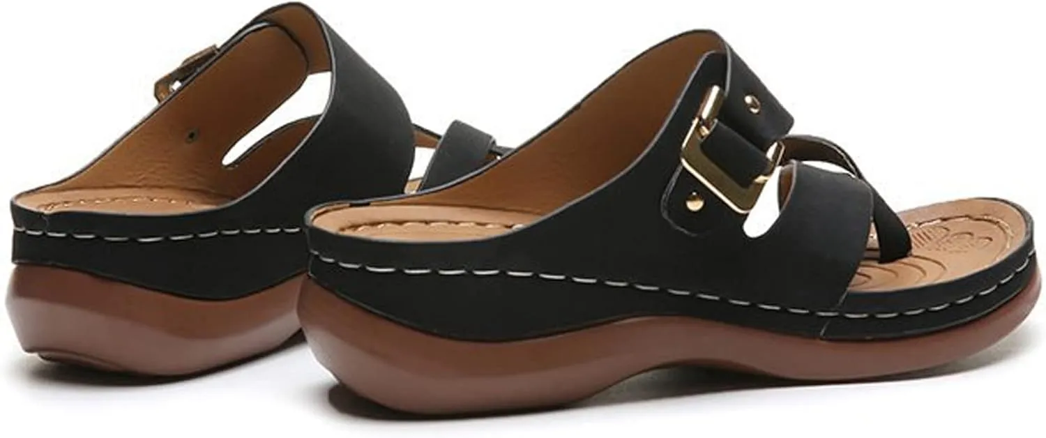 Cubicbee Women's Summer Arch Support Casual Leather Sandals Retro Comfortable Ring Toe Belt Buckle Wedge Flat Beach Sandals Walking Shoes