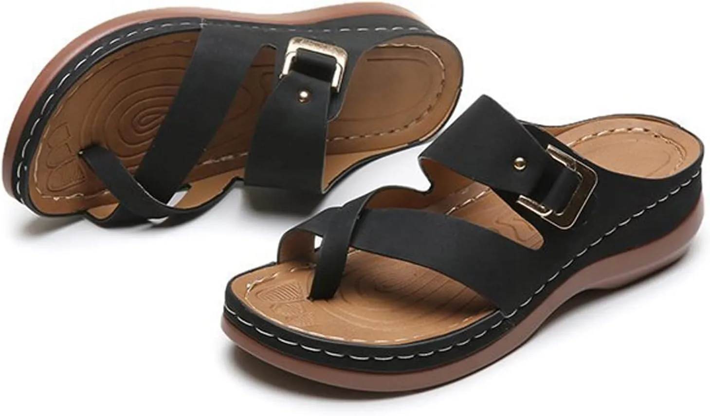 Cubicbee Women's Summer Arch Support Casual Leather Sandals Retro Comfortable Ring Toe Belt Buckle Wedge Flat Beach Sandals Walking Shoes