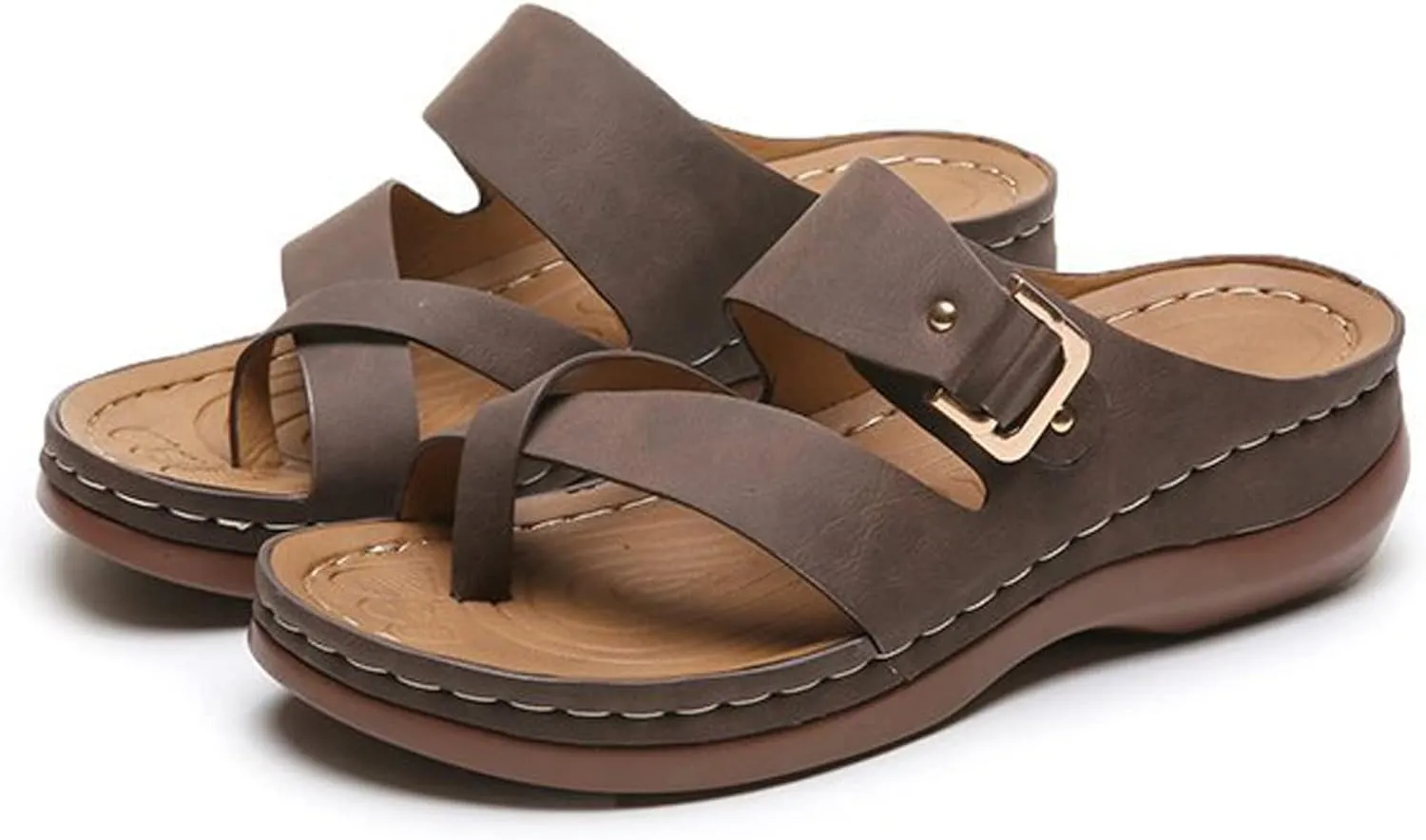 Cubicbee Women's Summer Arch Support Casual Leather Sandals Retro Comfortable Ring Toe Belt Buckle Wedge Flat Beach Sandals Walking Shoes