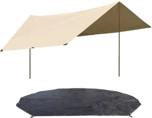 DANCHEL OUTDOOR 13x9.8ft Canvas Camping Tarp with 7.87ft Poles, 5M/16.4FT Yurt Tent Footprint Waterproof Glamping Tent Tarp for Hammock Rain Fly Hiking Picnic