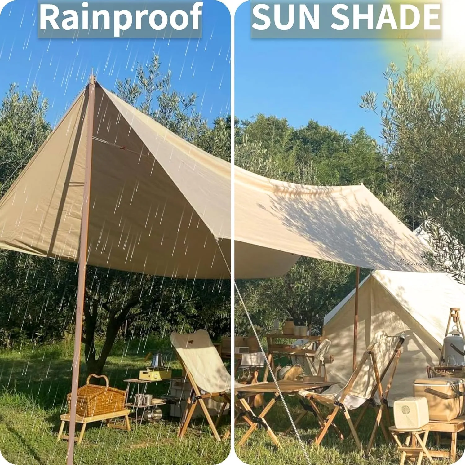 DANCHEL OUTDOOR 13x9.8ft Canvas Camping Tarp with 7.87ft Poles, Yurt Tent Footprint Waterproof Glamping Tent Tarp for Hammock Rain Fly Hiking Picnic