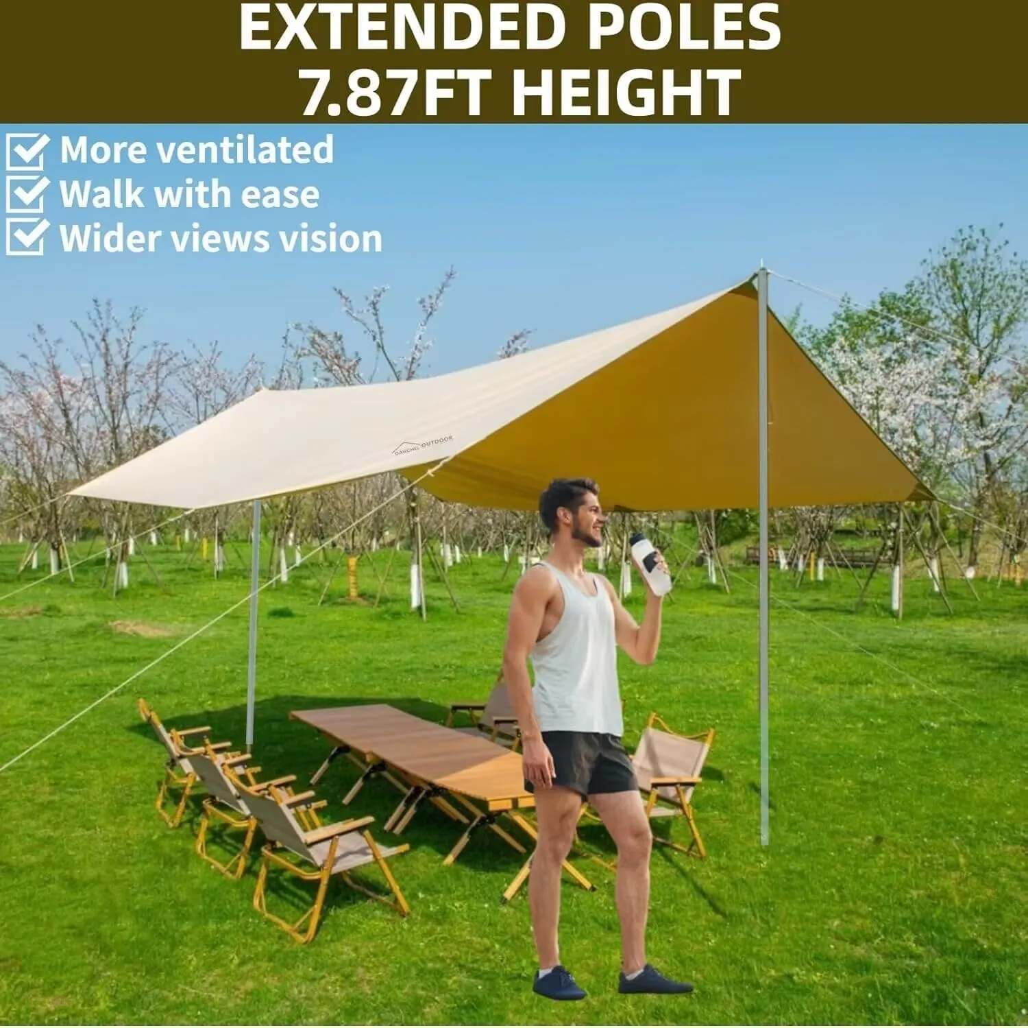 DANCHEL OUTDOOR 13x9.8ft Canvas Camping Tarp with 7.87ft Poles, Yurt Tent Footprint Waterproof Glamping Tent Tarp for Hammock Rain Fly Hiking Picnic
