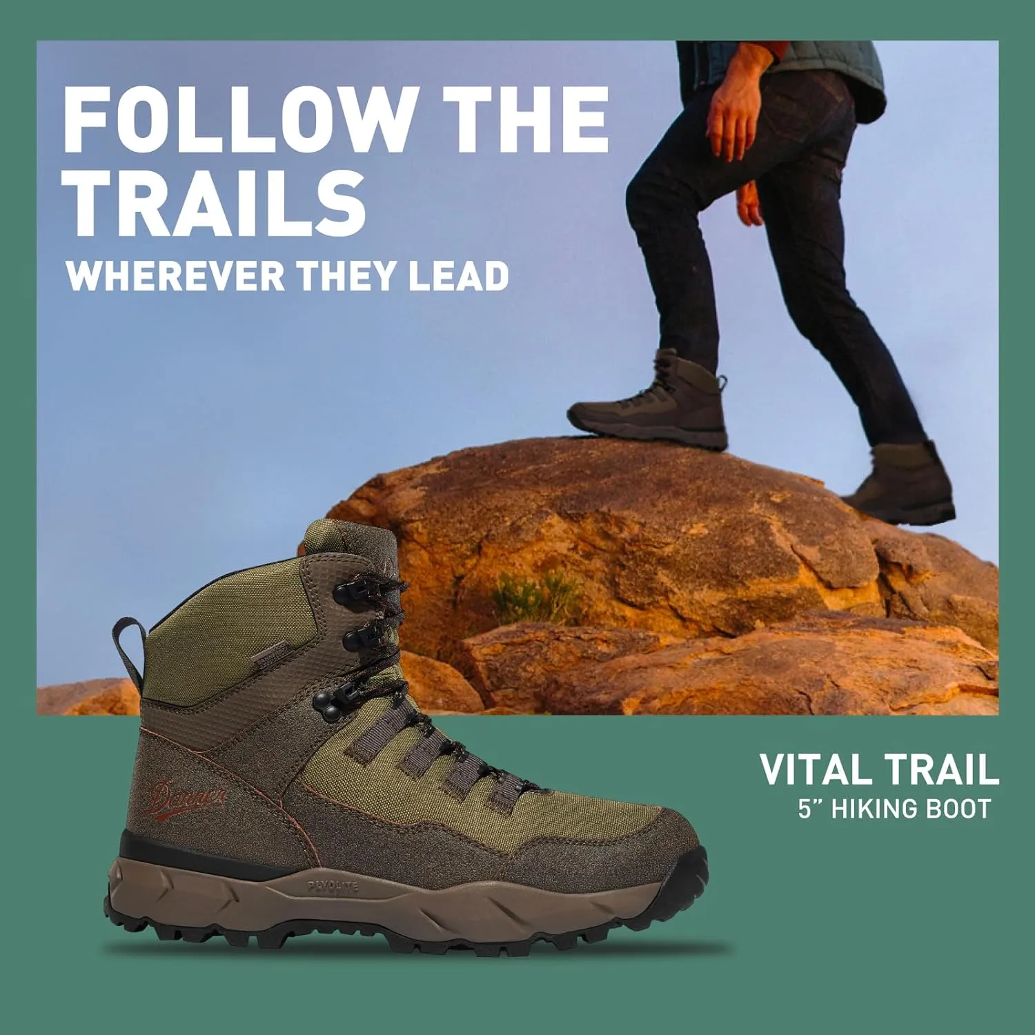 Danner Vital Trail 5” Hiking Boots for Men - Waterproof, Abrasion-Resistant Leather and Textile, with Shock-Absorbing Midsole and Traction Outsole