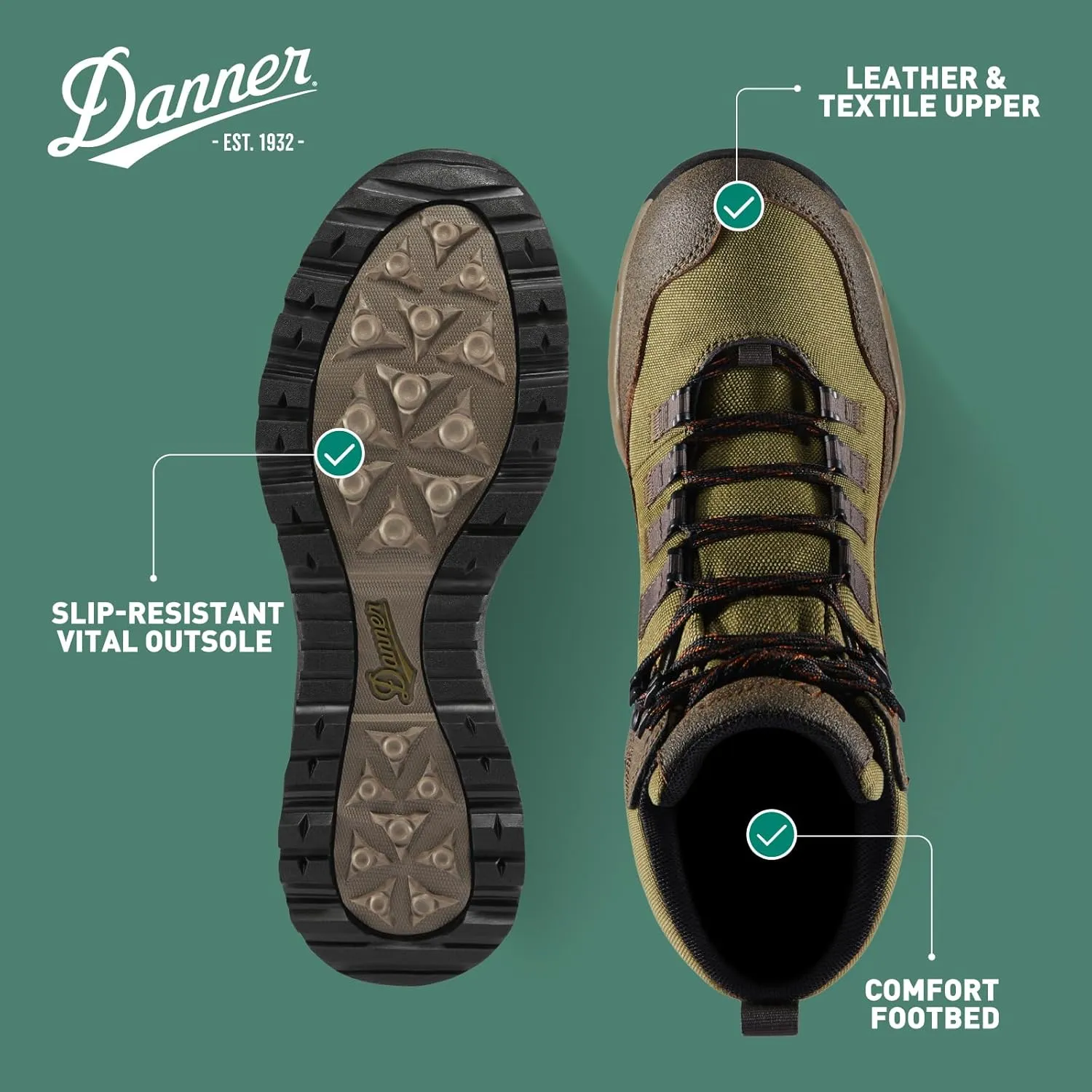 Danner Vital Trail 5” Hiking Boots for Men - Waterproof, Abrasion-Resistant Leather and Textile, with Shock-Absorbing Midsole and Traction Outsole